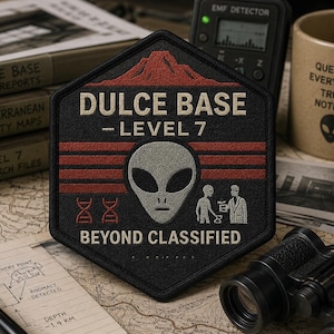 Op de afbeelding: Een zwarte zeshoekige geborduurde patch met een rode bergsilhouet, de tekst DULCE BASE - LEVEL 7, een grijs alienhoofd, een DNA-streng, een kleine alien- en mensfiguur, en de tekst BEYOND CLASSIFIED in gebroken wit en rood garen.
