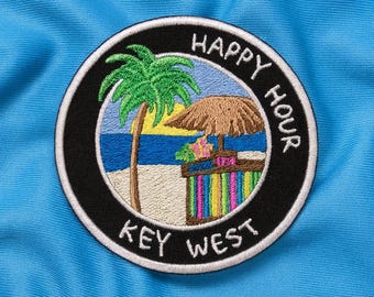 Key West Beach Patch Embroidered Iron-On Applique for Tote Bags & Clothing, Tropical Vibes Patch, Tiki Bar Patch, Happy Hour Patch