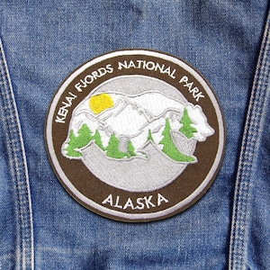 Kenai Fjords Patch Embroidered Iron-On Applique for Backpacks & Jackets, Bear Patch, Mountain Patch, Nature Badge, Camping Patch, Animals