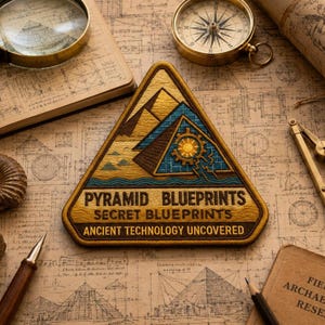 Op de afbeelding: Een driehoekige geborduurde patch met een gouden piramideontwerp, een centraal zon-tandwielpictogram en blauwe golfpatronen. De tekst luidt: PYRAMID BLUEPRINTS, SECRET BLUEPRINTS, ANCIENT TECHNOLOGY UNCOVERED. De patch heeft een donkerbruine rand.