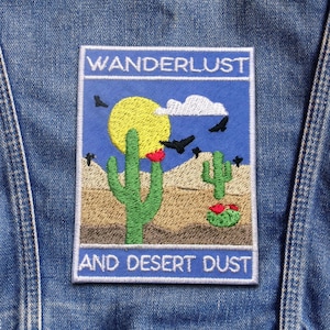 Wanderlust & Desert Dust Patch Embroidered Iron-On Applique for Backpack, Jacket, Cactus Patch, Nature Badge, Wildlife Patch, Wild Animals