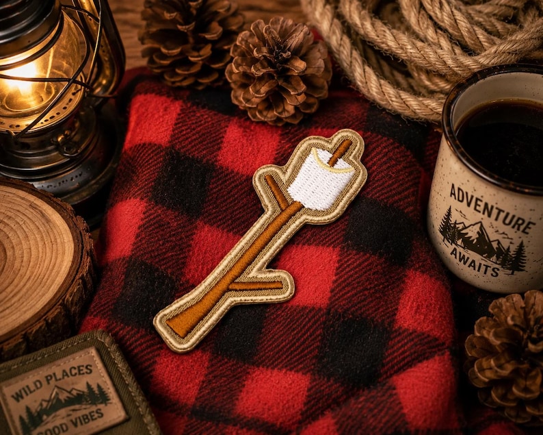 May include: A patch featuring a marshmallow on a stick, with a brown and tan color scheme, rests on a red and black plaid blanket. A mug with the words "Adventure Awaits" and a camping scene is nearby, along with a lantern and pine cones.