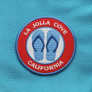 La Jolla Cove Patch/California Souvenir/Flip flops Beach Gift/Iron-On Patch/Embroidered Sew-On Applique for Tote Bags, Clothing Jackets