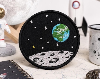 Earth View from Moon Patch/Iron-On Patch/Science Astronaut Stars Planets/Embroidered Sew-On Applique for Clothing Vest/Jacket Hats Backpacks
