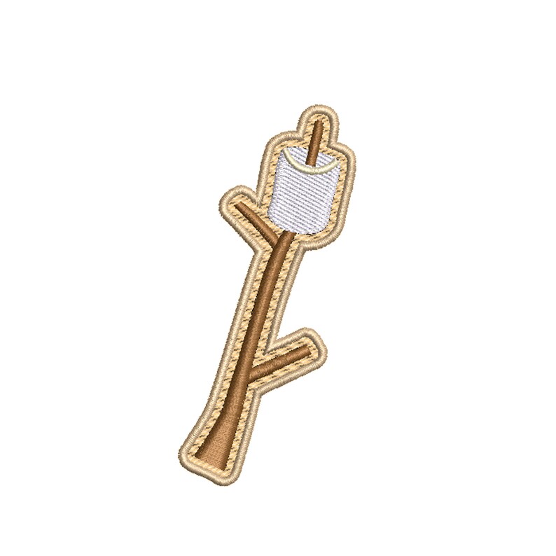 May include: Embroidered patch featuring a marshmallow on a stick. The marshmallow is white, and the stick is brown. The patch has a tan border, and the design is reminiscent of camping and outdoor activities.
