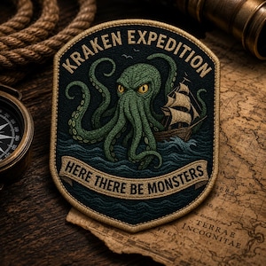 Op de afbeelding: Geborduurde patch met een krakenontwerp. De patch toont een groene kraken met gele ogen die een schip op een blauwe zee aanvalt. De tekst "KRAKEN EXPEDITION" en "HERE THERE BE MONSTERS" is zichtbaar.
