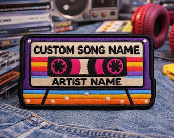 Custom Vintage Cassette Tape 90's Patch, Custom Name Patch, Rainbow Music Embroidered Iron On Patch, Hook & Loop Patches for Backpacks Hats