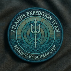 May include: Circular embroidered patch with the text "ATLANTIS EXPEDITION TEAM" and "SEEKING THE SUNKEN CITY". The patch features a trident symbol and ocean wave design in shades of teal and blue.