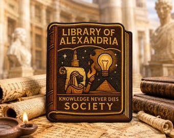 Può includere: Una toppa ricamata rettangolare con il design di un libro e il testo LIBRARY OF ALEXANDRIA e KNOWLEDGE NEVER DIES SOCIETY. Il grafico raffigura un faro, una persona, una piramide e una lampadina accesa in tonalità marroni e dorate.