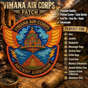 May include: A circular embroidered patch featuring the text VIMANA AIR CORPS and ANCIENT AIRBORNE. The design displays a central orange and green temple structure with wings, surrounded by blue clouds and yellow lightning bolts on a blue background.