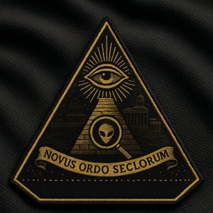 Pode incluir: Patch triangular preto e dourado com um olho dentro de um triângulo, um alienígena em uma lupa e o texto "NOVUS ORDO SECLORUM". O patch tem um design detalhado com um fundo preto.