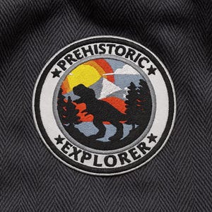 Iron-on Prehistoric Explorer Patch/T-rex Patch/Sew-On Dino Badge/Embroidered/Dinosaur Lover Gift/Extinct Animal Patch/Tyrannosaurus Patch