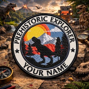 Custom Name Patch/Iron-on Patch/Dinosaur Kid Gift/Tyrannosaurus T-rex Logo/Personalized Text/Prehistoric Explorer/Dino Lover/Sew-On Applique
