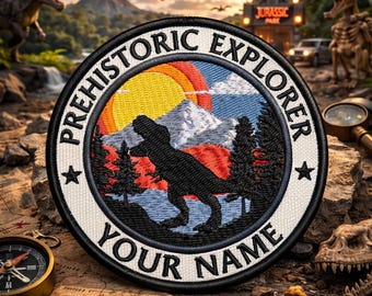 Custom Name Patch/Iron-on Patch/Dinosaur Kid Gift/Tyrannosaurus T-rex Logo/Personalized Text/Prehistoric Explorer/Dino Lover/Sew-On Applique