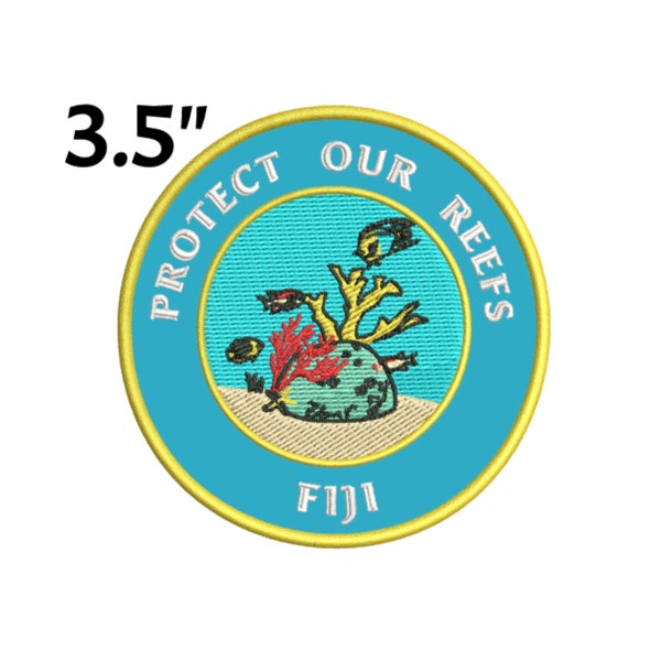 Protect Our Reefs Souvenir Patch Embroidered Iron-On/Sew-On Applique Clothing Vest, Ocean Sea Life Tropical Fish Sharks Turtles, Fiji