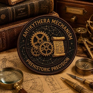 May include: A circular black patch featuring gold embroidered gears, a scroll, and the text Antikythera Mechanism and Prehistoric Precision. The design includes thin gold lines depicting constellations and celestial patterns on a dark background.