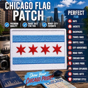 May include: A rectangular embroidered patch featuring the Chicago flag design, consisting of two horizontal light blue stripes on a white background with four red six-pointed stars centered in the middle white stripe, with a white stitched border.