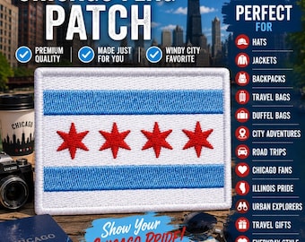 Chicago City Flag Patch/Iron-On Patch/Custom Sizes/Embroidered Sew-On Applique for Clothing, Vest/Jacket, Hats, Backpacks, Uniforms, Gear