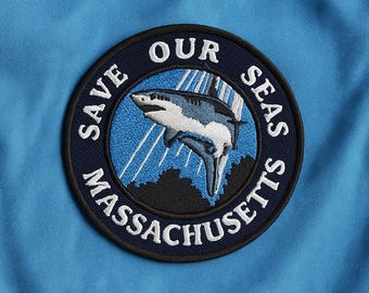 Save Our Seas Patch/Iron-On Patch/ Shark Patch/Embroidered Sew-On Applique for Clothing, Backpacks/Massachusetts Patch/Beach Patch/Eco Patch