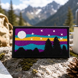 Mountain Patch/Iron-On Patch/Moon & Purple Starry Night//Nature Gift/Camping/Embroidered Sew-On Applique for Clothing Vest/Jacket Backpack