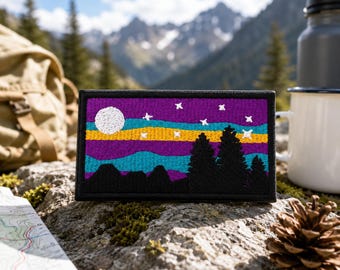 Mountain Patch/Iron-On Patch/Moon & Purple Starry Night/Nature Gift/Camping/Embroidered Sew-On Applique for Clothing Vest/Jacket Backpack