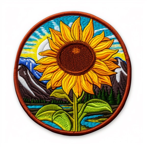 Sunflower Patch Iron-on/Sew-on Decorative Applique for Backpack Clothing Vest Denim Jacket Hat, Flower Bouquet, Mountains, Nature Souvenir