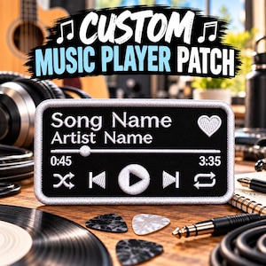 May include: A rectangular black embroidered patch featuring white stitching that mimics a music player interface. It displays the text Song Name and Artist Name, a progress bar, a heart icon, and playback control symbols including play, skip, and repeat.