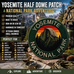 Puede incluir: Un parche bordado circular que presenta el pico de la montaña Yosemite Half Dome sobre un degradado de atardecer en rojo, naranja y amarillo. El borde verde oscuro muestra el texto YOSEMITE NATIONAL PARK en letras beige.