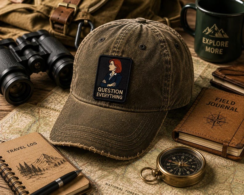 May include: A distressed olive green baseball cap featuring a rectangular patch with an illustration of a person with red hair and the text "QUESTION EVERYTHING" in white capital letters centered on the front panel of the hat.
