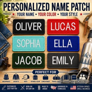 May include: Six rectangular personalised name patches in black, red, teal, blue, dark green, and charcoal grey with white embroidered text reading OLIVER, LUCAS, SOPHIA, ELLA, JACOB, and EMILY. The text at the top reads PERSONALIZED NAME PATCH.