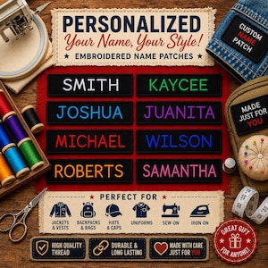 May include: A collection of rectangular black embroidered name patches featuring various names in different thread colors including white, green, blue, purple, red, and orange, displayed alongside sewing supplies like thread spools and scissors.