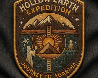 Könnte beinhalten: Gestickter Aufnäher mit braunem und goldenem Design. Der Aufnäher trägt die Aufschrift "Hollow Earth Expedition" und "Journey to Agartha". Das Design umfasst Berge, eine Pyramide, eine Figur und eine Leiter.