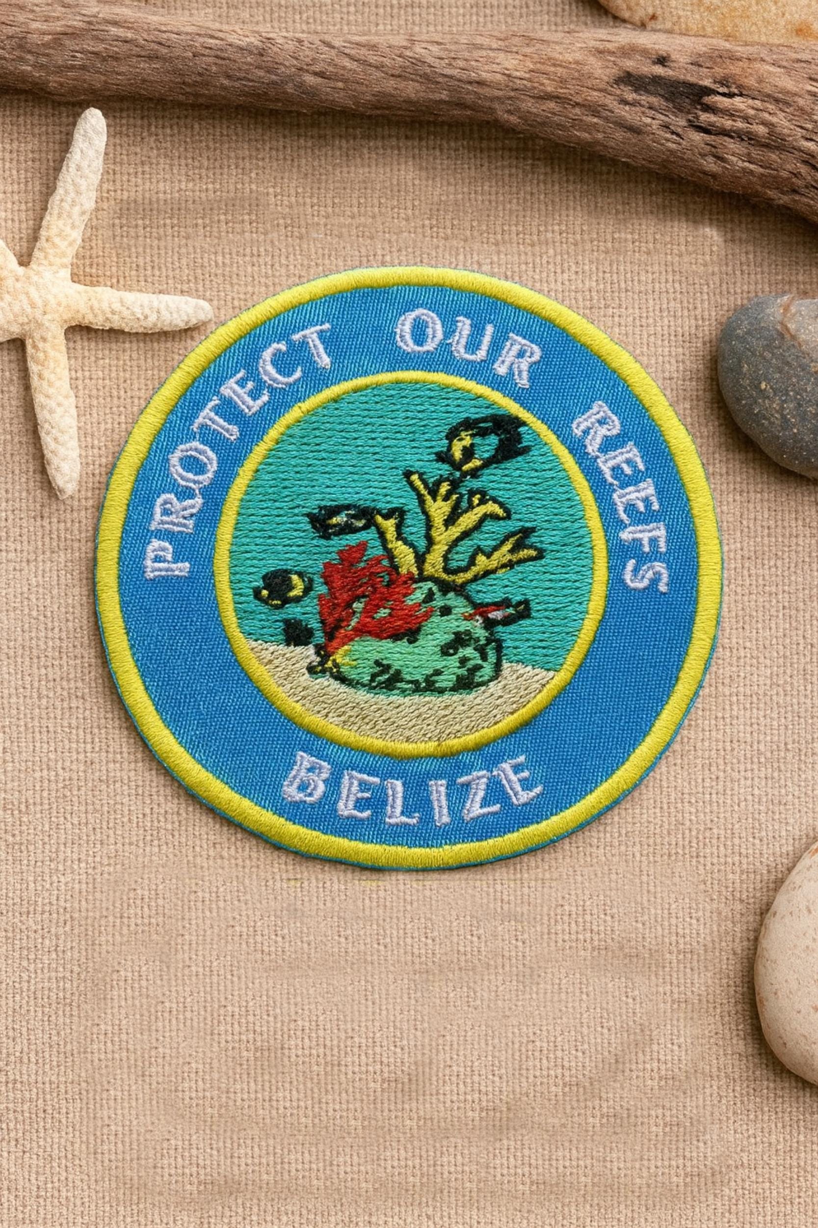 Protect Our Reefs Patch Embroidered Iron-On Applique for Tote Bags & Clothing, Tropical Vibes Patch, Sea Life Patch, Belize Beach Patch
