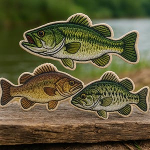 Bass Fish Patch Set of 3 | Quality Embroidered Iron-On Patches for Jackets, Hats, Vests, Backpacks | Fly Fishing | Large Mouth, Small Mouth