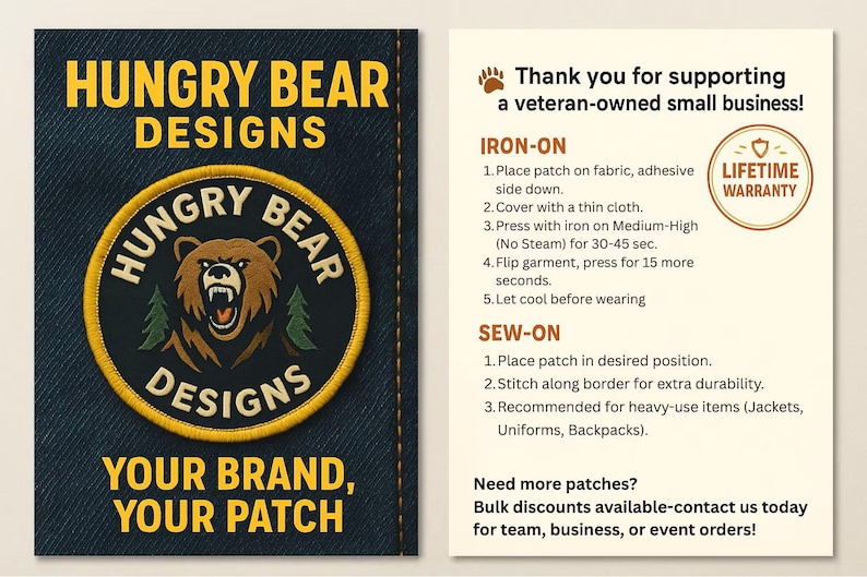 Pu&ograve; includere: Un design di toppa con un orso bruno e il testo "HUNGRY BEAR DESIGNS". Su sfondo blu scuro, il testo "YOUR BRAND, YOUR PATCH". Istruzioni per stirare e cucire. Garanzia a vita.