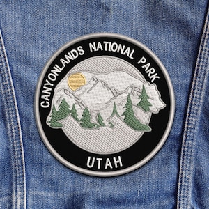 Applique thermocollante brodée Canyonlands Park Patch pour sac à dos et veste, écusson ours, écusson montagne, badge nature, écusson animalier de l'Utah