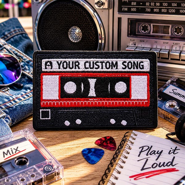 Custom Vintage Cassette Tape 90's Patch, Custom Name Patch, Rainbow Music Embroidered Iron On Patch, Hook & Loop Patches for Backpacks Hats