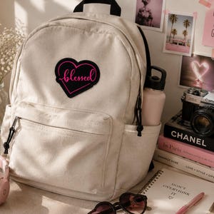 Hartpatch/roze tekst gezegend/opstrijkpatch/positief opbeurend bericht/christelijk cadeau/geborduurde opnaaistenen appliqué voor kleding vest rugzak afbeelding 2