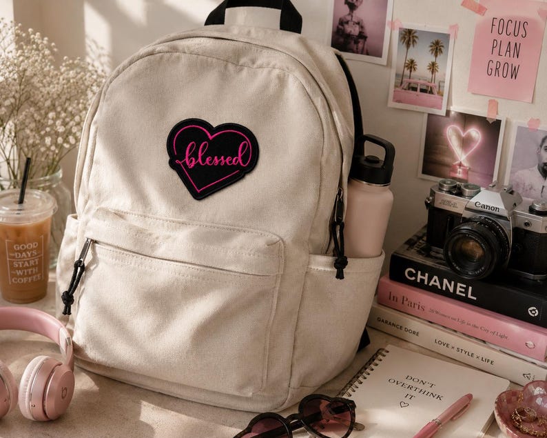 Hartpatch/roze tekst gezegend/opstrijkpatch/positief opbeurend bericht/christelijk cadeau/geborduurde opnaaistenen appliqué voor kleding vest rugzak afbeelding 2