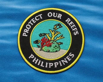 Protect Our Reefs Patch Embroidered Iron-On Applique for Tote Bags & Clothing, Sea Life Patch, Tropical Fish Patch, Philippines Patch, Ocean