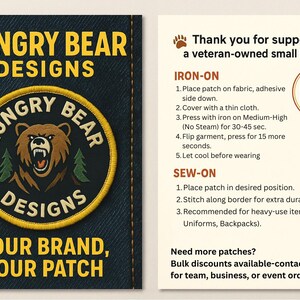 Puede incluir: Un parche bordado circular con una cabeza de oso pardo con los dientes descubiertos, flanqueada por dos pinos verdes sobre un fondo negro con un borde amarillo. El texto dice Hungry Bear Designs, Your Brand, Your Patch, e incluye instrucciones.
