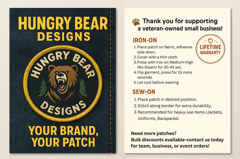 Puede incluir: Un parche bordado circular con una cabeza de oso pardo con los dientes descubiertos, flanqueada por dos pinos verdes sobre un fondo negro con un borde amarillo. El texto dice Hungry Bear Designs, Your Brand, Your Patch, e incluye instrucciones.