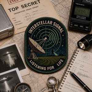 May include: A dark green embroidered patch featuring a satellite dish, a silhouette of a person with a flashlight, and radio waves against a starry sky. The text reads INTERSTELLAR SIGNAL and LISTENING FOR LIFE in a cream-colored font.