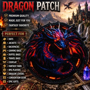 Dragon Patch/Iron-On Patch/Fantasy Mythical Fire Breather/Geeks & Gamers Gift/Sew-on Applique for Clothing Vest/Jacket Hats Backpack Gear