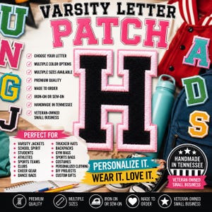 May include: A large black letter H patch with a pink border, surrounded by various colorful varsity letter patches. The image includes text such as VARSITY LETTER PATCH, CHOOSE YOUR LETTER, and PERSONALIZE IT. WEAR IT. LOVE IT. along with icons for quality and service.