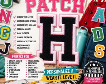 May include: A large black letter H patch with a pink border, surrounded by various colorful varsity letter patches. The image includes text such as VARSITY LETTER PATCH, CHOOSE YOUR LETTER, and PERSONALIZE IT. WEAR IT. LOVE IT. along with icons for quality and service.