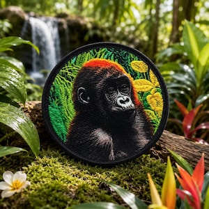 Puede incluir: Un parche bordado circular que presenta un retrato detallado de un gorila con pelaje oscuro y una corona de color marrón rojizo. El gorila se sitúa sobre un fondo de follaje verde vibrante y flores amarillas, todo dentro de un borde negro.