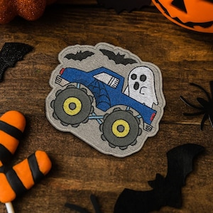 Blue Monster Truck with Ghost Patch Embroidered Iron-on/Sew-on Applique Vest Jacket Clothing Dresses Backpack Jeans Halloween Spooky