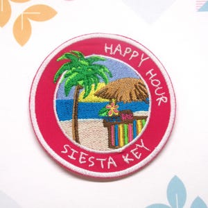 Siesta Key Florida Beach Patch Embroidered Iron-On Applique for Tote Bags & Clothing, Tropical Vibes Patch, Tiki Bar Patch, Happy Hour Patch