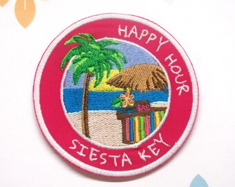 Siesta Key Florida Beach Patch Embroidered Iron-On Applique for Tote Bags & Clothing, Tropical Vibes Patch, Tiki Bar Patch, Happy Hour Patch